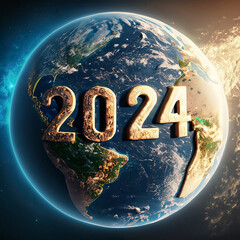 Noworoczne tło, ilustracja z Ziemią i napisem 2024. Ekologia, ochrona środowiska, globalne zmiany i trendy w 2024 roku - obrazy, fototapety, plakaty