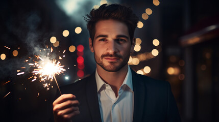 Attractive man in suit holding sparkler. New Year concept