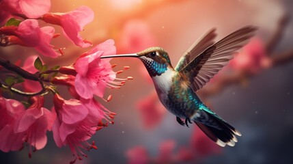 A hummingbird, hovering near a vibrant blossom, a fleeting moment of nature's magic.