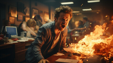 Angry man screaming with a fire. Chaos. Office - obrazy, fototapety, plakaty
