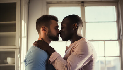 Two gay men kissing early in the morning, valentine's day concept - obrazy, fototapety, plakaty