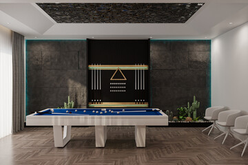Modern billiard room with a beautiful table and large windows, nobody. 3d rendering - obrazy, fototapety, plakaty