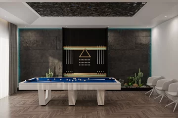 Foto op Plexiglas Modern billiard room with a beautiful table and large windows, nobody. 3d rendering © CGI