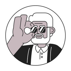 Elderly grey-haired black man adjusting sunglasses black and white 2D vector avatar illustration. Stylish grandpa outline cartoon character face isolated. Fashion statement flat user profile image