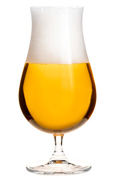 Full tulip-shaped stemmed glass of lager of pilsner beer isolated