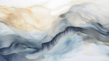 Watercolor, alcohol ink wave flou texture painting landscape. Abstract gold, gray blue and beige neutral background texture marble. Generative Ai. - obrazy, fototapety, plakaty