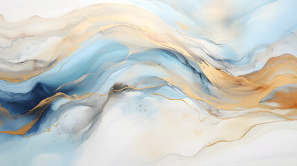 Watercolor, alcohol ink wave flou texture painting landscape. Abstract gold, gray blue and beige neutral background texture marble. Generative Ai.