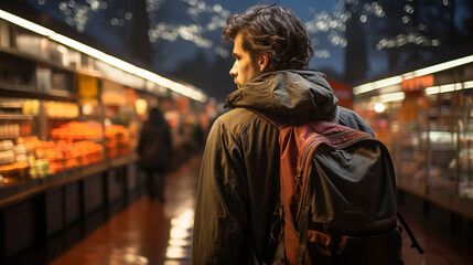 Obraz premium Back view of male traveler in backpack.