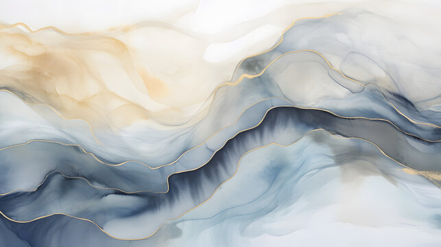 Watercolor, alcohol ink wave flou texture painting landscape. Abstract gold, gray blue and beige neutral background texture marble. Generative Ai.