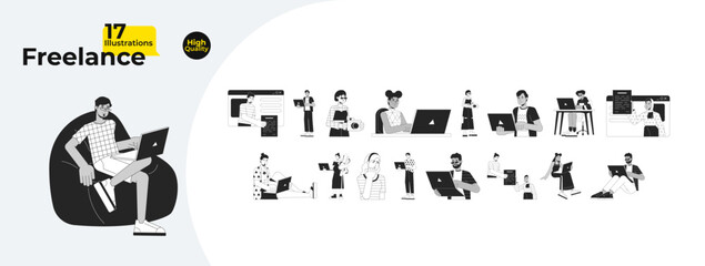 Diverse freelancers laptops black and white cartoon flat illustration bundle. Telecommuting adults multicultural 2D lineart characters isolated. Teleworking monochrome vector outline image collection