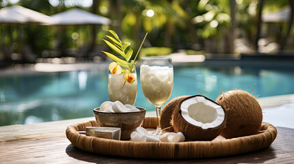 A coconut-themed cocktail party by the pool - obrazy, fototapety, plakaty