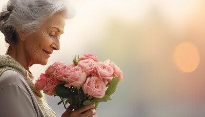 elderly woman with bouquet of flowers, valentine's day concept - obrazy, fototapety, plakaty
