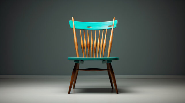Turquoise chair with wooden backrests.