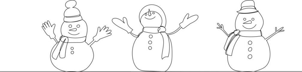 joyful snowmen line drawing on a white background vector