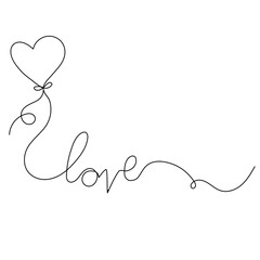 inscription love with heart line drawing on a white background
