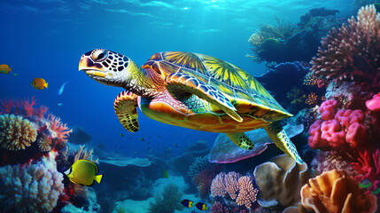 Naklejka na ściany i meble Turtle with Colorful tropical fish and animal sea