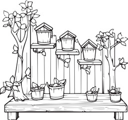 Garden plants wooden fence line art coloring page vector illustration