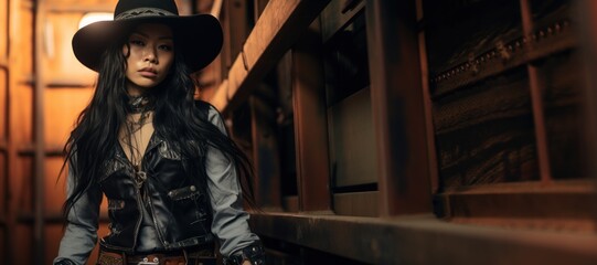 Fototapeta na wymiar A Beautiful Badass Asian Cowgirl wearing Lingerwear - Amazing Cowgirl Background - Clothes are in the Raw, Tough and Grunge Style - Asian Cowgirl Wallpaper created with Generative AI Technology