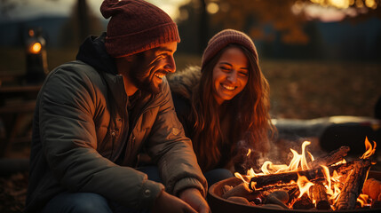 Young couple camping in autumn forest, sitting near bonfire and smiling