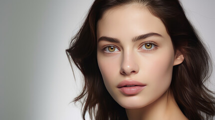 Fototapeta premium Portrait of a beautiful, elegant, sexy Caucasian woman with perfect skin, on a gray background, banner.