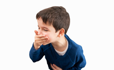 Stressed child with a stomach ache about to vomit with white background.