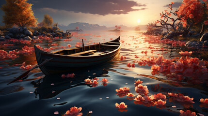 Obraz premium Boat with flowers in the lake.