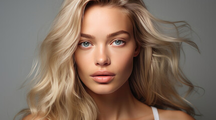 Fototapeta premium Portrait of a beautiful, elegant, sexy Caucasian woman with perfect skin and white long hair, on a gray background.