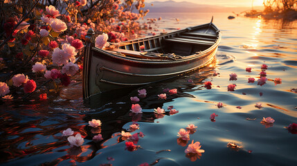 Fototapeta premium Boat with flowers in the lake.