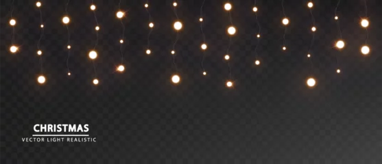 Foto op Plexiglas Holiday lights garland isolated. Christmas vertically hanging glowing shimmering lights on a dark background © Hanna_zasimova