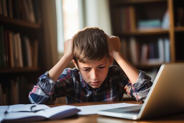 A frustrated boy doing homework. - Powered by Adobe