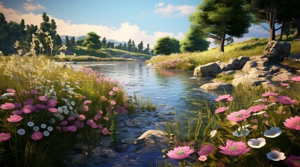 A meandering riverbank adorned with a profusion of wildflowers, their colors reflecting in the...