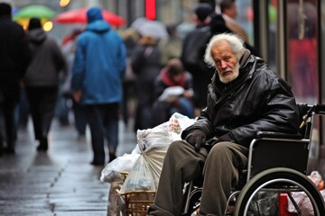 A pensioner begs for some change in the shopping street. - obrazy, fototapety, plakaty