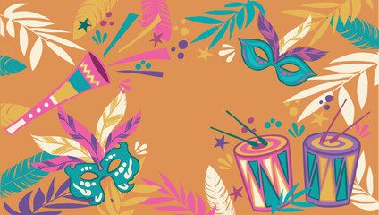 Mardi Gras with masks, drums, horn, feathers and tropical leaves on orange background. Banner for holiday celebration, masquerade ball or carnival party invitation. Flat vector illustration. © Elvis