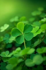Green clover leaves on a blurred background. Shallow depth of field.