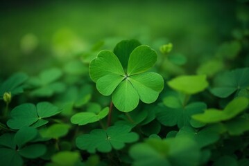 Green clover leaves on a blurred background. Shallow depth of field. - obrazy, fototapety, plakaty