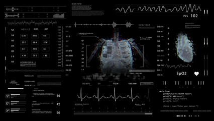 MRI x ray Scan, 3D Model.Medical monitor.HUD.Heads up display.Heart rate monitor. Analyzing cardiac diagnosis. Futuristic Technological Interface. Healthcare.Black background.3
