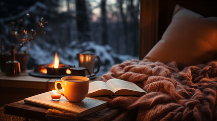 Cozy winter evening at home. Cup of hot drink, book, candle, knitted blanket on the windowsill.