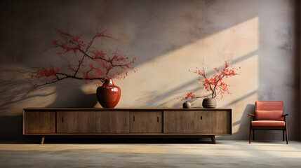 Decorative art background wall mock-up with red flowers.