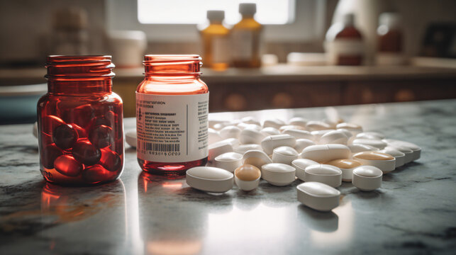 Two Empty Pill Bottles And Spilled Pills On The Counter