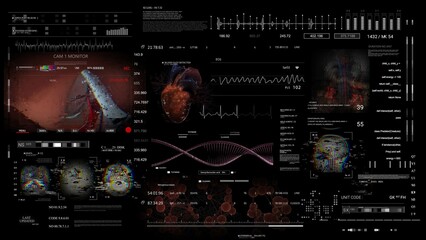 MRI x ray Scan, 3D Model.Medical monitor.HUD.Heads up display.Heart rate monitor. Analyzing cardiac diagnosis. Futuristic Technological Interface. Healthcare.Black background.2