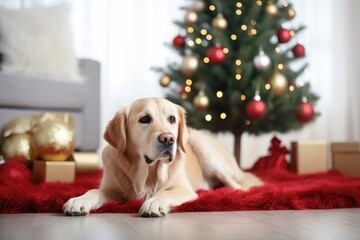 A Dog In Front Of A Christmas Tree