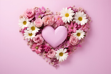 Heart frame from beautiful different flowers on pink background. Valentine's day concept. Copy space for text. Generate Ai. Gift in form of soap, cake or candy.