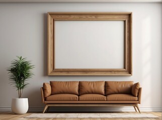 Fototapeta premium Modern Interior Elegance. Wooden Picture Frame on White Wall. Empty wooden picture frame