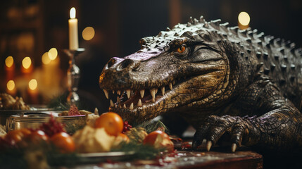 Roasted crocodile on christmas table. - obrazy, fototapety, plakaty
