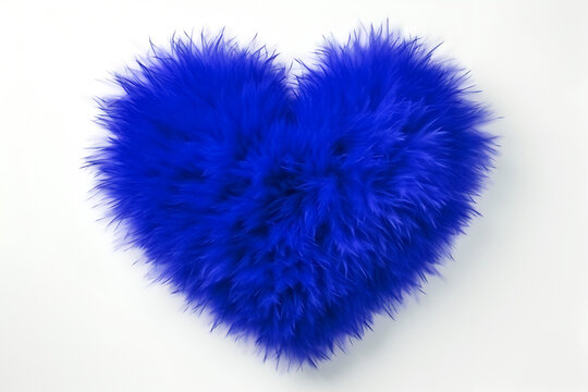 blue fluffy heart made of faux fur on a white background. Valentine's day concept, valentines card or template. Generate Ai. flat lay