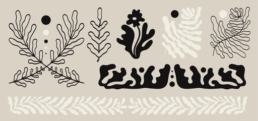 Flower or weeds abstract shapes ornament print set. Trendy abstract botanical wall arts and floral design elements or border. Modern hand drawn naive interior decorations, paintings collection.