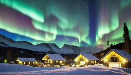 Fototapeta na wymiar Northern lights ,houses with lights ,forest and mountains on the background