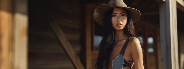 Obraz na płótnie Canvas A Beautiful Badass Asian Cowgirl wearing Lingerwear - Amazing Cowgirl Background - Clothes are in the Raw, Tough and Grunge Style - Asian Cowgirl Wallpaper created with Generative AI Technology