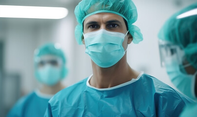 Male surgeon looking at camera in operation room, doctor performing surgery in hospital - obrazy, fototapety, plakaty