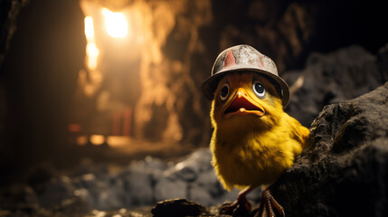 Terrified canary bird wearing miner's hard hat in standing in mine shaft, canary in the coal mine idiom concept - obrazy, fototapety, plakaty